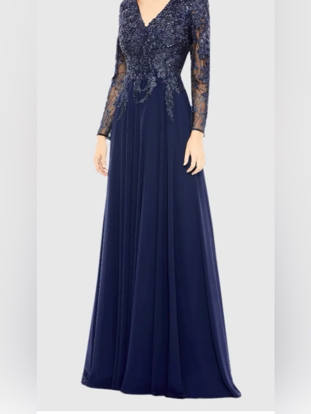 Mac Duggal High Neck Mesh Long Sleeve Embellished A Line Gown 20388 Size 8